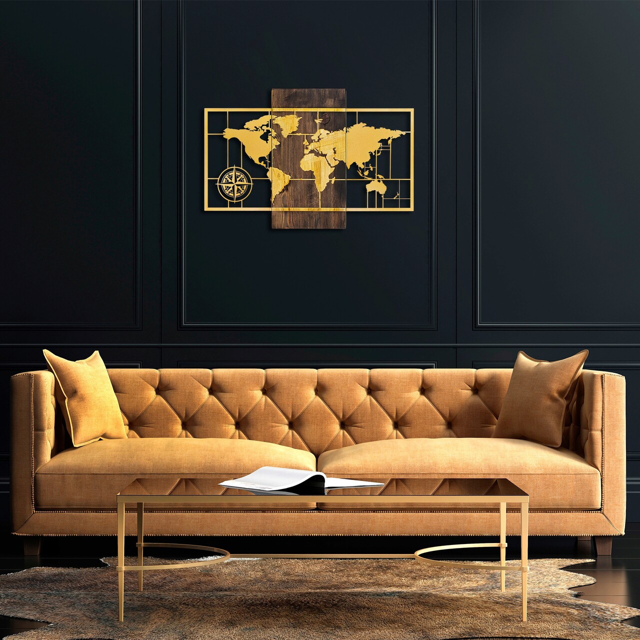 Decoratiune de perete, World Map Wıth Compass, Dimensiuni: 58 x 85 cm, Nuc / Aur - imagine 7